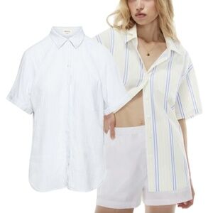 Aritzia Wilfred Free Boyfriend Linen-Blend Coastal Striped Short-Sleeve Top